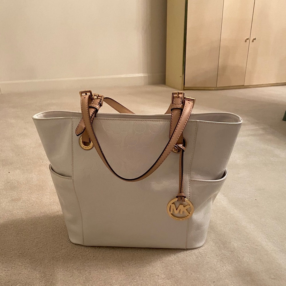 Michael Kors white patent leather zip tote